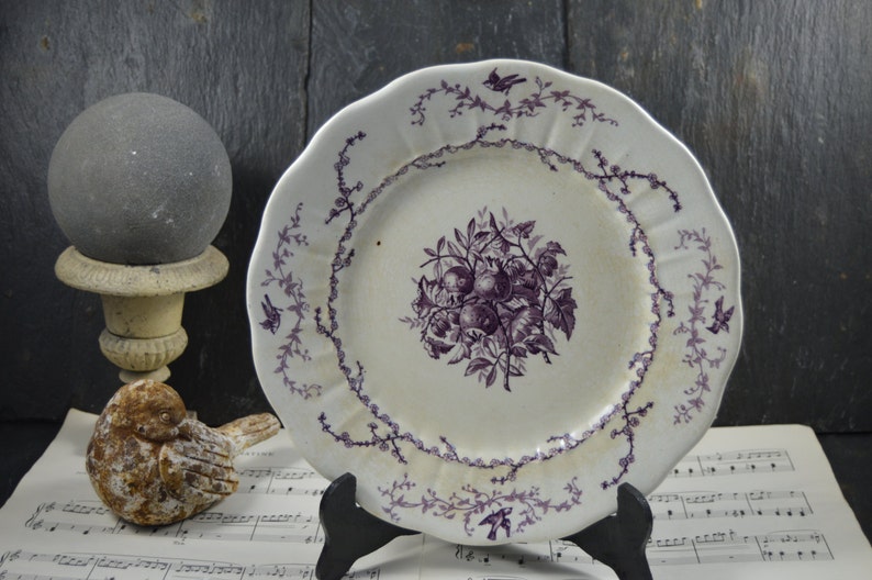 Lovely Vintage French purple violine flowers birds medlars  small round platter dish terre de fer