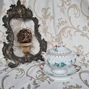 Antique rare french gorgeous  ironstone brown and green small tureen sauceboat with lid jam jar UC Sarreguemines pattern flore 1800&#39;s