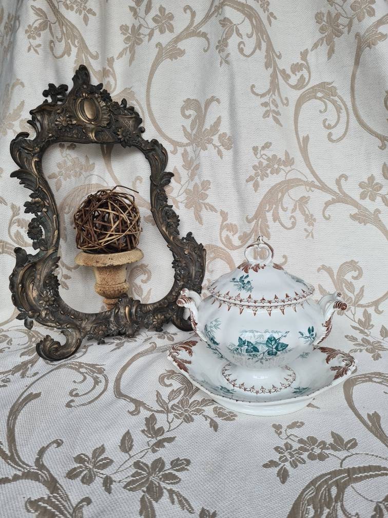 Antique Rare Français Magnifique Ferstone Brun et Vert Petit Sauceboat Tureen avec Couvercle Confitu