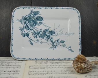 Grand énorme antique vert rectangulaire plat français gâteau en céramique plat viande plateau UC Sarreguemines modèle blackberry 1800