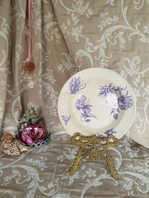 Lovely Vintage French purple violine flowers birds medlars small round platter dish terre de fer