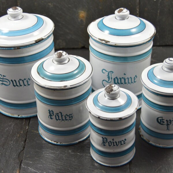 Vintage français pot de cuisine set cuve émail turquoise et blanc cuisine, français Français pays de stockage pot. Shabby chic