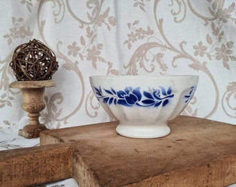 Lovely antique French big  blue and white ceramic bowl "Café au lait" breakfast 1930