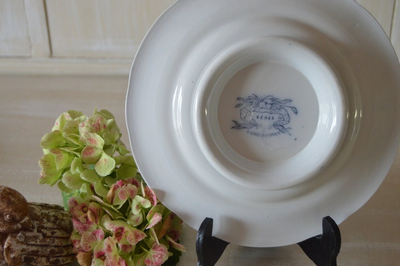 Lovely Vintage French white and blue dessert dish piedouche with small round footed sarreguemines pattern ceres