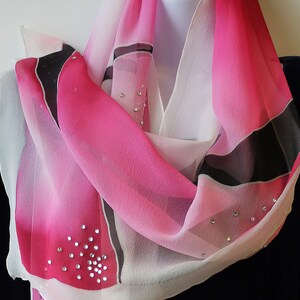 Hand painted Silk Scarf for Women,  Pure Silk, Swarovski Crystals, for present, abstract, scarves,  Christmas gift, artsy