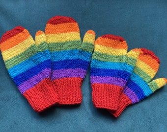 Hand knitted red rainbow kids' mittens - sizes 3-6 years and 7-10 years approx.