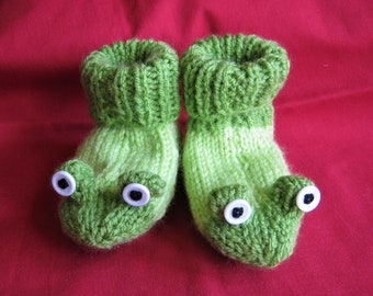 Hand knitted frog baby booties in two sizes - 3 to 6 months or 6 to 12 months