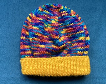 Hand knitted yellow multi kids' beanie hat - 20 inches (approx 3-6 years)