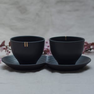 Coffee Cups And Saucer, Black Porcelain Barware, Espresso Set, Porcelain Mugs for Coffee or Tea, Black Ceramic Pottery, Coffee Lovers Gift