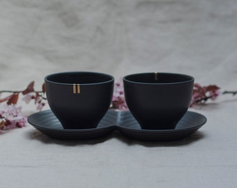 Coffee Cups And Saucer, Black Porcelain Barware, Espresso Set, Porcelain Mugs for Coffee or Tea, Black Ceramic Pottery, Coffee Lovers Gift