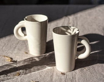 Handcrafted Porcelain Mug, Split Handle, White Pottery