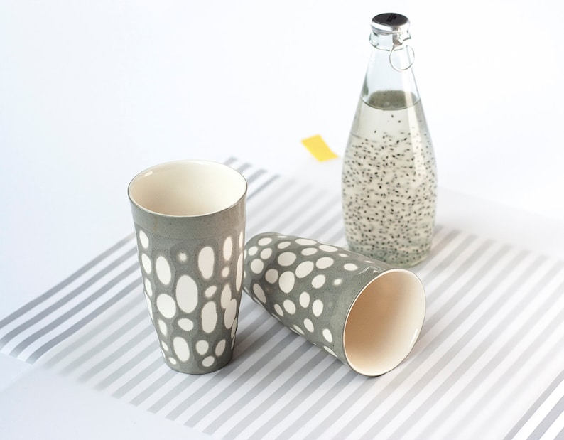Gray Minimalist Mug, Tumbler, Dotted Cups, Art Pottery Tumbler, Rustic Mug, Tumbler Cup, Wedding Tableware, Rustic Pottery, New Home Gift image 1