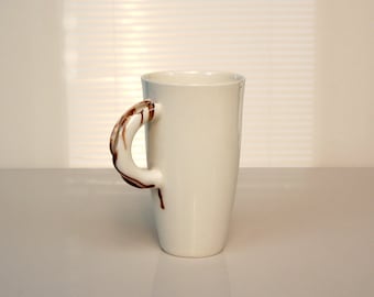 Handmade Porcelain Coffee Mug, Brown Swirl Handle, Art Mug