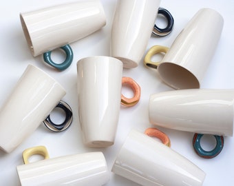 Handmade Porcelain Coffee Mug, Colored Handle, Modern Tea Cup