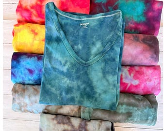 Custom Ice Dyed Custom Women's V-Neck Short Sleeve T-Shirt **Please CHECK SIZE CHART before ordering**