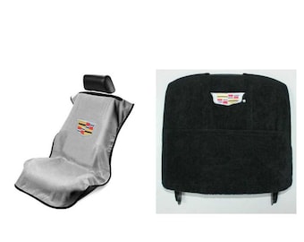 May include: A gray car seat cover with black trim and a Cadillac logo, shown draped over a car seat, alongside a black car seat cover featuring the same Cadillac logo embroidered on the upper section of the fabric.