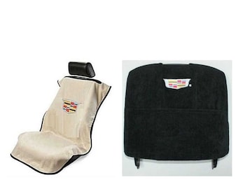 May include: A beige car seat cover with black trim and a Cadillac logo on the backrest, shown alongside a separate black car seat cover featuring the same Cadillac logo embroidered in the center of the upper section of the fabric.