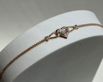 Vintage Estate Deadstock Heart Anklet in 14k and Diamonds