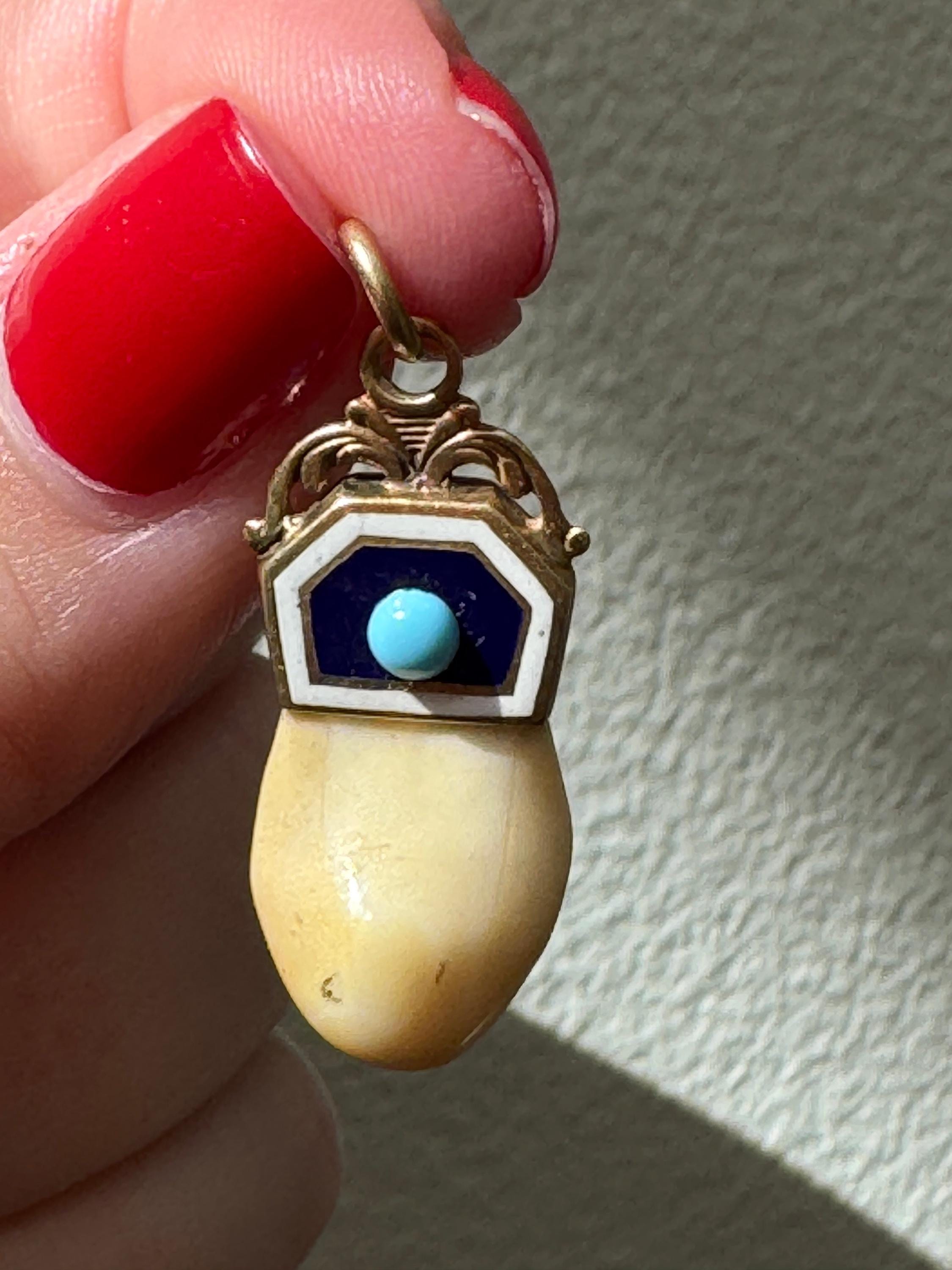 Vintage Estate 10K Gold Elks Tooth Charm Pendant Enamel Turquoise