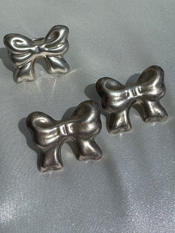 Vintage Sterling Silver Big Bow Earrings and Ring 