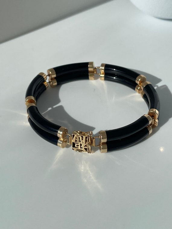 Estate Double Black Onyx and 14k Gold Fortune Brac