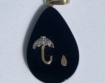 Vintage Estate 14k Gold, Onyx and Diamond Umbrella and Rain Pendant