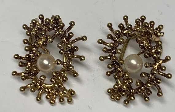 Vintage Estate 14k Brutalist Pearl Earrings - image 1