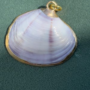 Vintage Gold Trimmed Genuine Quahog Shell Pendant Deep Lavender Natural Banding Beach Jewelry