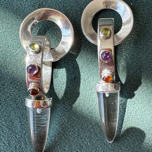 Estate Sterling Silver Crystal Spike Earrings Multi Gemstone Scroll Top 1990s Y2K Modernist Statement Dangles