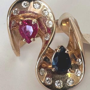 Estate 1970s Space Age 14K Gold Ruby Sapphire Diamond Sculptural Ring