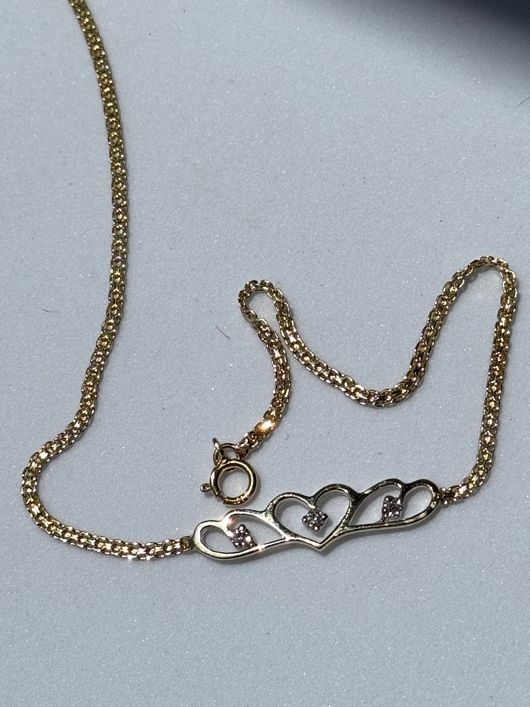 Vintage New Old Stock Diamond and 14k Three Heart Anklet