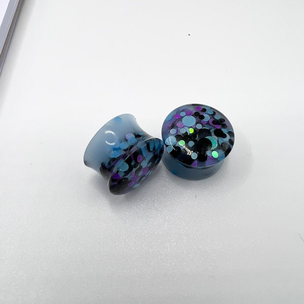 Blue Beetlejuice inspired confetti Double Flare Resin Ear Plugs