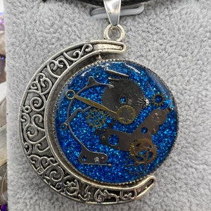 Crescent Filigree Moon Spinner with Glitter and Real Watch Parts Pendant Necklace