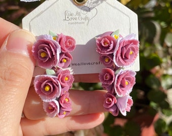 Mauve red rose cluster Polymer Clay handmade stud earrings/Flower jewelry/Wedding flower earrings/bride and bridesmaid studs