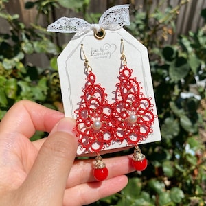 Red Wedding Tatting earrings/Lace tat/Crochet doily like technique/Handmade jewelry/eco friendly flower/Gift for her/Ship from US