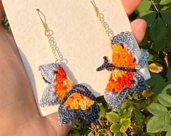 Orange and gray shades ombre Butterfly crochet dangle earrings/Microcrochet/gift for her/Knitting handmade jewelry/Butterfly garden present