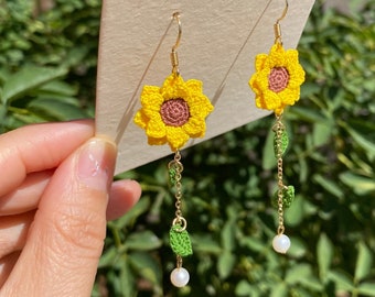 Yellow Sunflower dangle earrings/Microcrochet/14k gold/fall flower gift for her/Knitting handmade jewelry