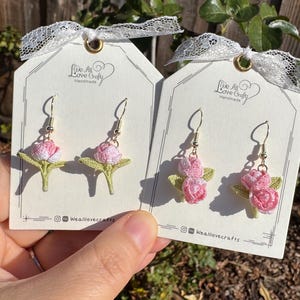 Ombre Pink rose single or double flower crochet dangle earrings/Microcrochet/Valnetine&#39;s day love gift/ knit handmade jewelry/Ship from US