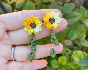 Yellow ombre Sunflower dangle stud earrings/Microcrochet/14k gold/fall flower gift for her/Knitting handmade jewelry/Ship from US