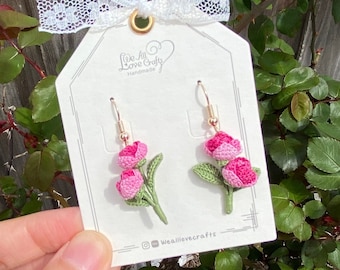 Magenta Pink rose flower crochet dangle earrings/Microcrochet/14k gold/love gift for her/Knitting handmade jewelry/Ship from US
