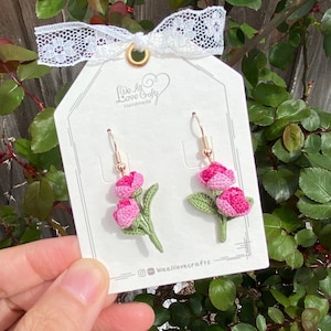 Magenta Pink rose flower crochet dangle earrings/Microcrochet/14k gold/love gift for her/Knitting handmade jewelry/Ship from US