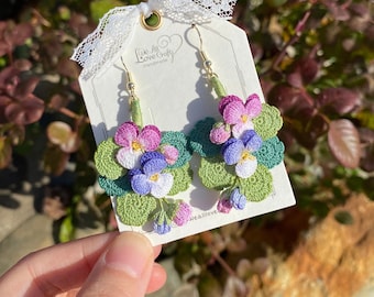 Purple Pink Pansy flower branch crochet dangle stud earrings/Micro crochet/14k gold/gift for her/Knitting handmade jewelry/Ship from US