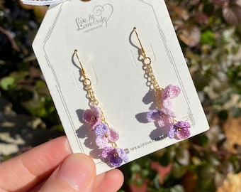 Pink and purple ombre flower cluster crochet dangle earrings/Microcrochet/14k gold/gift for her/Knitting handmade jewelry