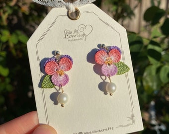 Pink and purple Pansy flower crochet dangle stud earrings/Micro crochet/14k gold/gift for her/Knitting handmade jewelry/Ship from US