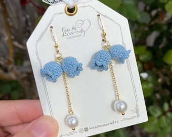 Blue Lily of the valley flower with pearl crochet dangle earrings/bell shaped/ Microcrochet/gift for her/Knitting handmade jewelry