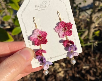 Maroon red purple ombre Cherry blossom flower cluster crochet dangle earrings/Micro crochet/14k gold/gift for her/Knitting handmade jewelry