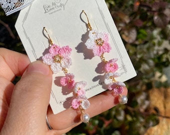 Light Pink ombre Cherry blossom flower cluster crochet dangle earrings/Micro crochet/14k gold/gift for her/Knitting handmade jewelry