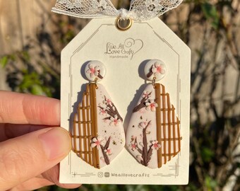 Japanese cherry blossom flower teardrop handmade Stud Earrings/Polymer clay/Japanese door scene/Spring flower statement/Gift for her