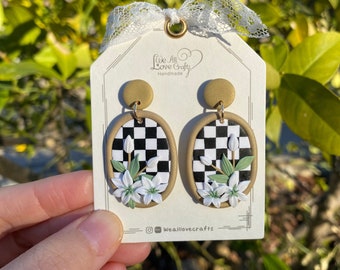 Black and White Checkerboard background Polymer Clay handmade earrings with Lily flower/14k s925 sterling sliver mod clay/Geometry Statement