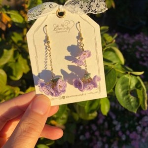 Purple  flower cluster crochet dangle stud earrings/Micro crochet/14k gold plated/gift for her/Knitting handmade jewelry/Ship from US